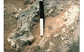 Remains of gypsum foundation, with measuring stick