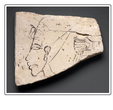 Sketches of Akhenaten's head and hand